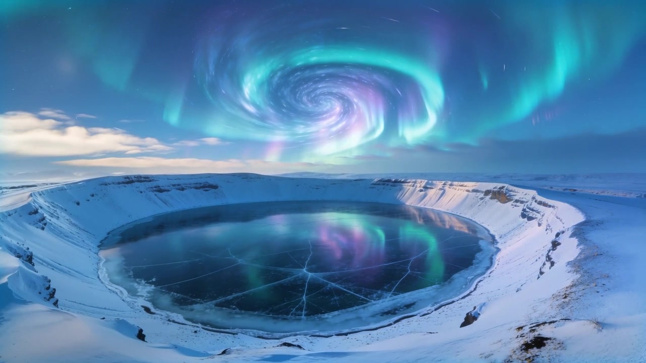 Rotating aurora spiral tightening above crater lake, solar wind driving cracked-ice reflection