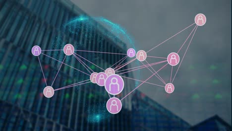 animación de la red de iconos de perfil en todo el mundo contra edificios altos