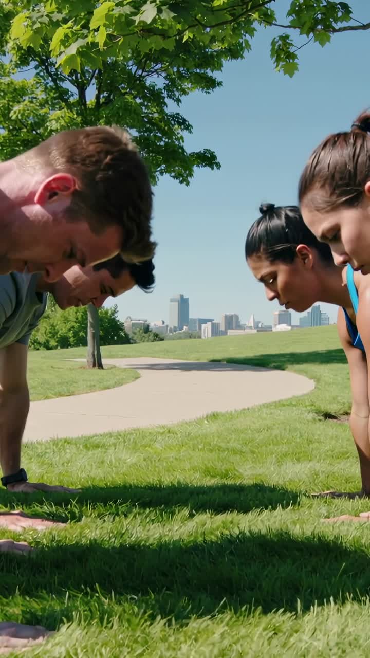 Vertikal video: Sporing af en gruppe voksne, der laver synkrone armbøjninger i en park som fitness, iført sportstøj.