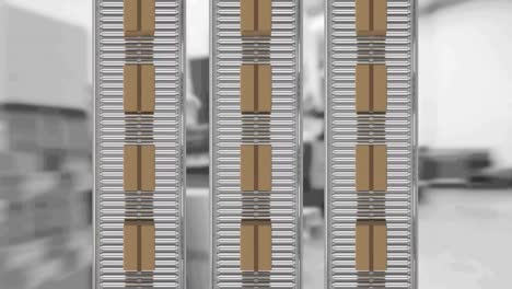 animation of cardboard boxes moving on conveyor belts over warehouse