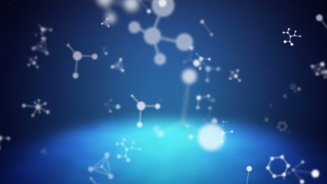 animation of multiple molecules and chemical elements floating on blue background