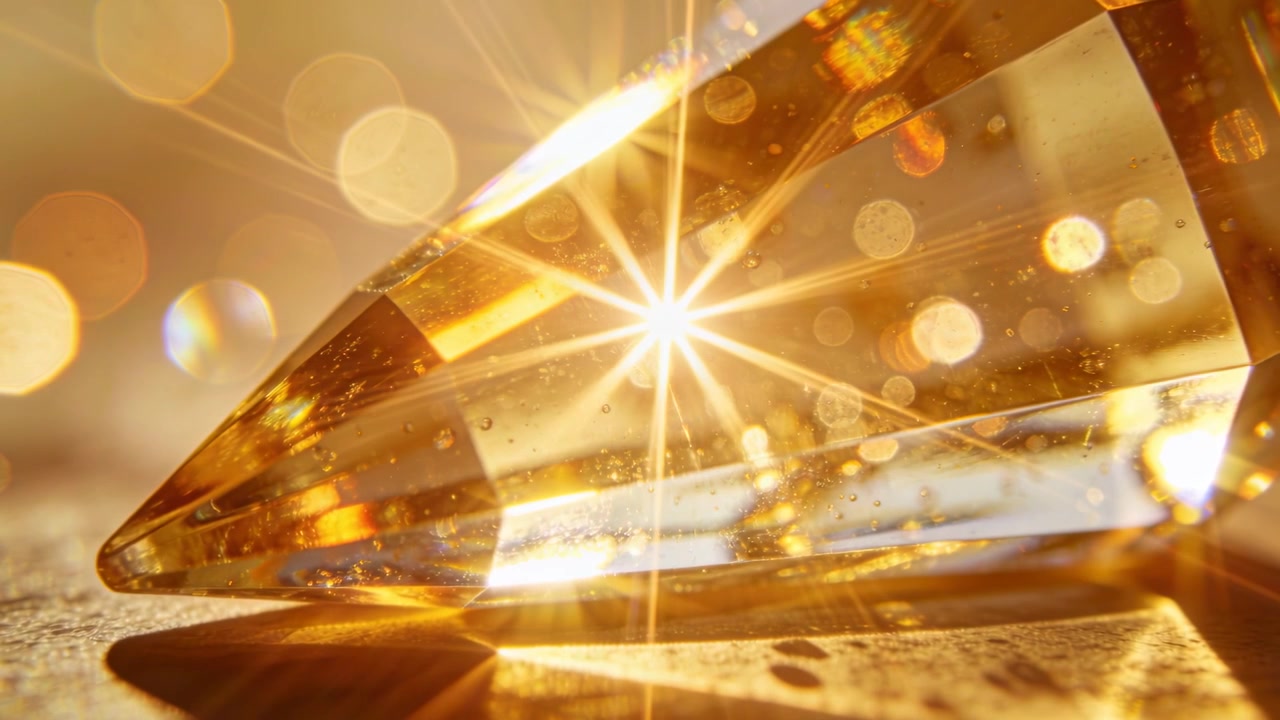 Luce mutevole che crea riflessi che strisciano su un cristallo dorato sfaccettato sulla scrivania, creando un bagliore.