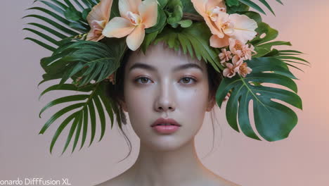 serene woman with botanical headpiece