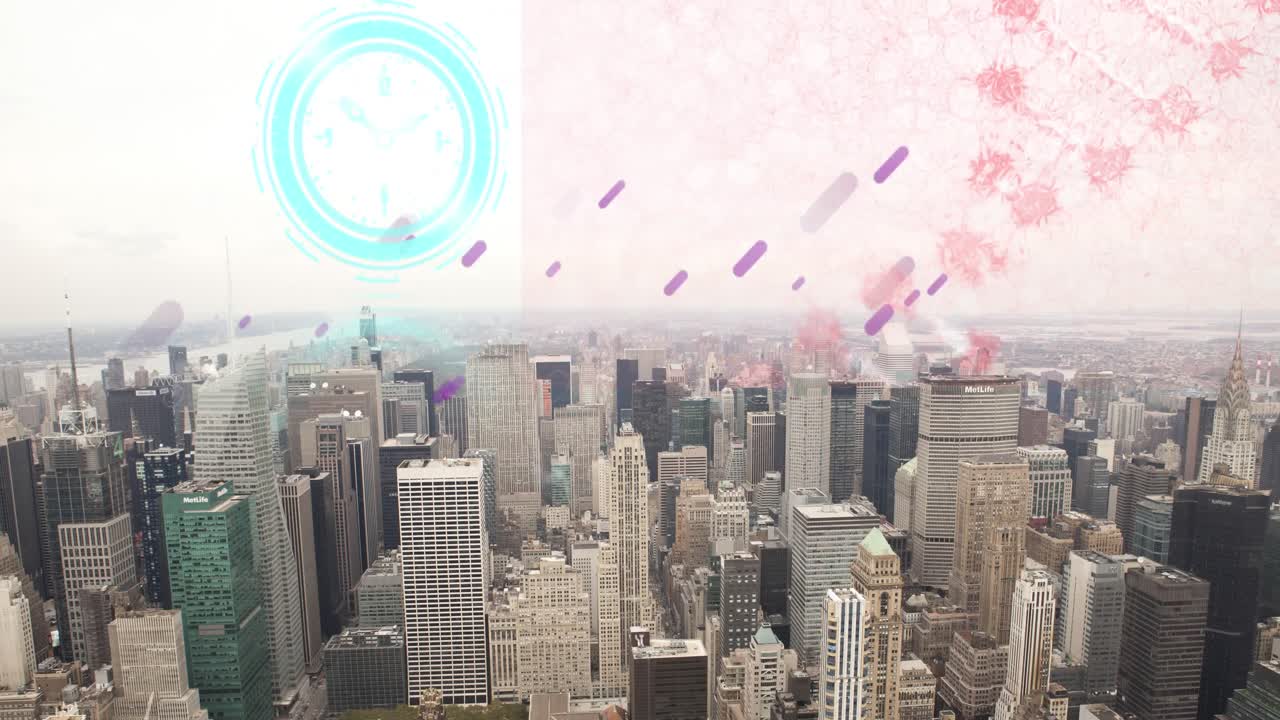 Animation of moving clock, purple lines and dna strand over cityscape