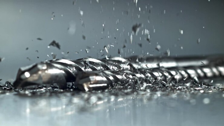 Close-Up of Metal Shavings Falling onto a Drill Bit in Slow Motion
