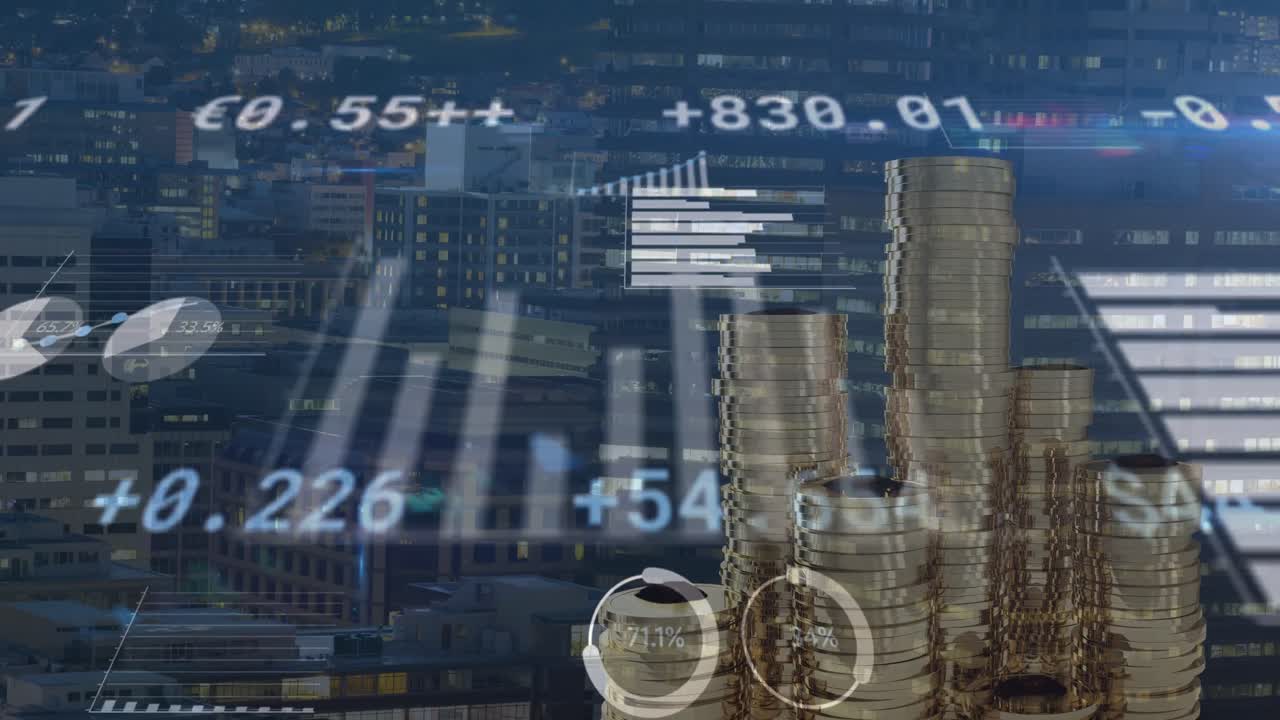 도시 풍경 위의 데이터 처리 및 동전의 애니메이션