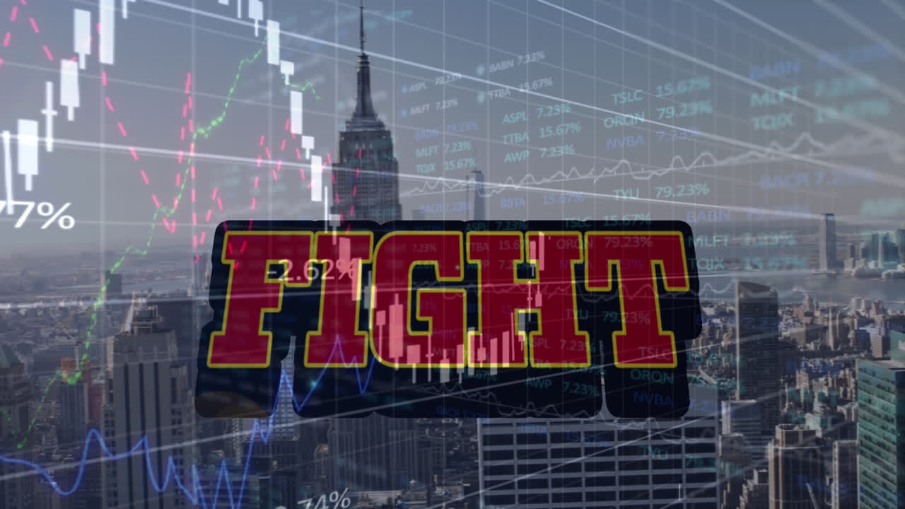 금융 그래프의 애니메이션과 도시 풍경에 대한 싸움