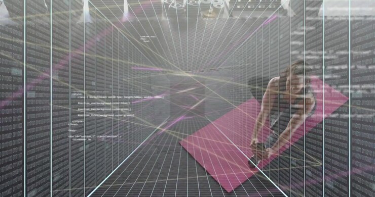 woman bending forward tying sneaker laces activating neon grid simulation in fitness studio