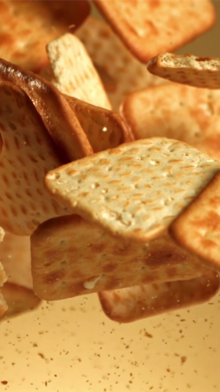 Cracker dorati croccanti che cadono e fluttuano al rallentatore