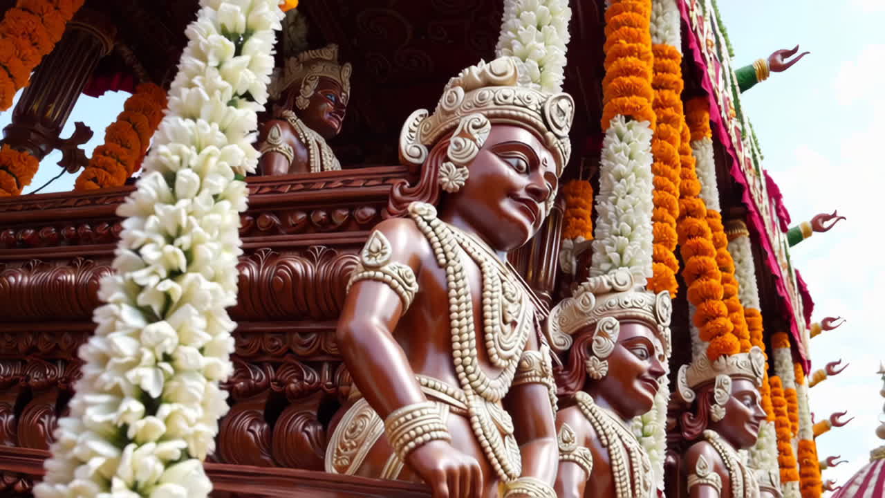 Ornate Hindu Temple Chariot Decorated with Flowers and Sculptures