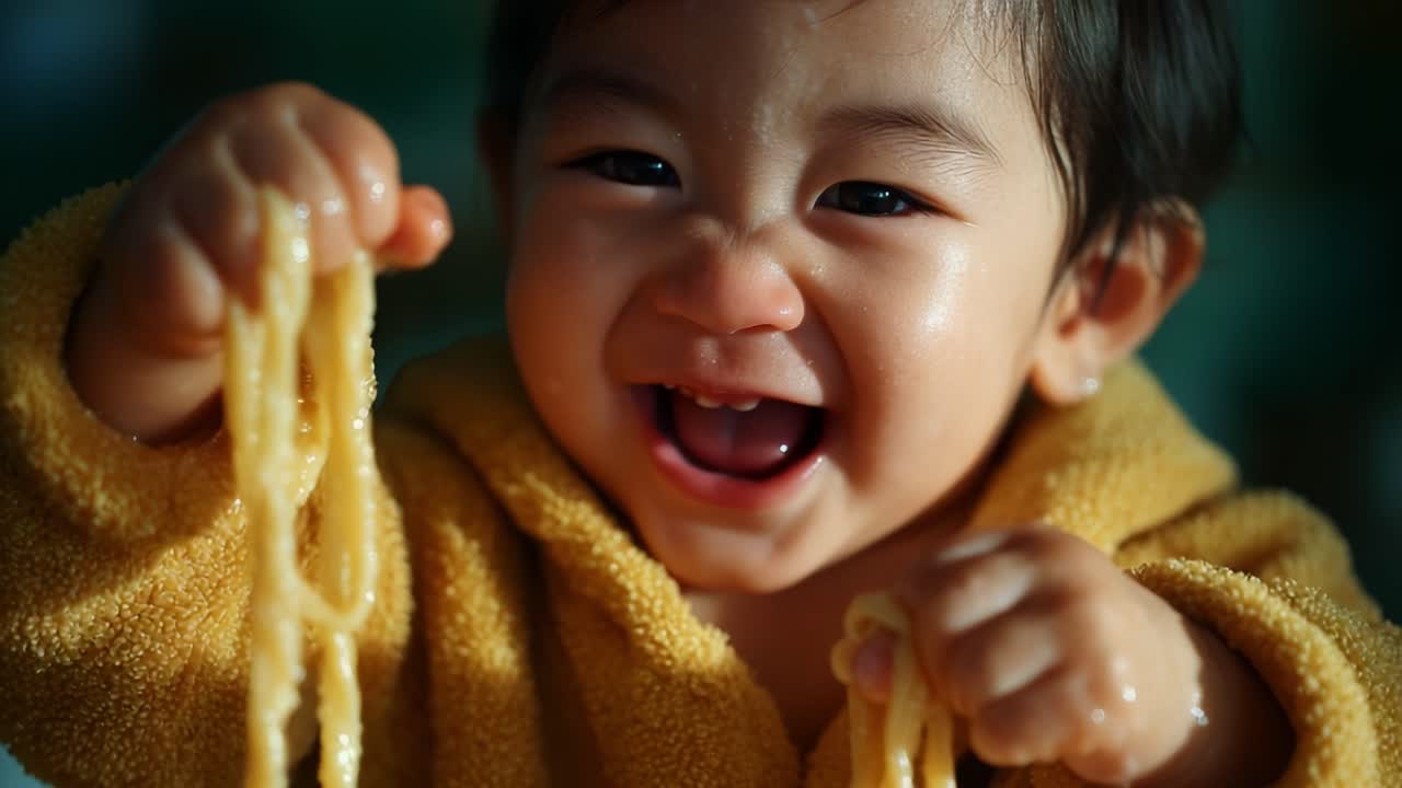 A Joyful Infant Relishing Noodles: Captivating Expressions of Delight as a Young Child Enjoys Playful Moments with Delicious Food in Bright Yellow Apparel