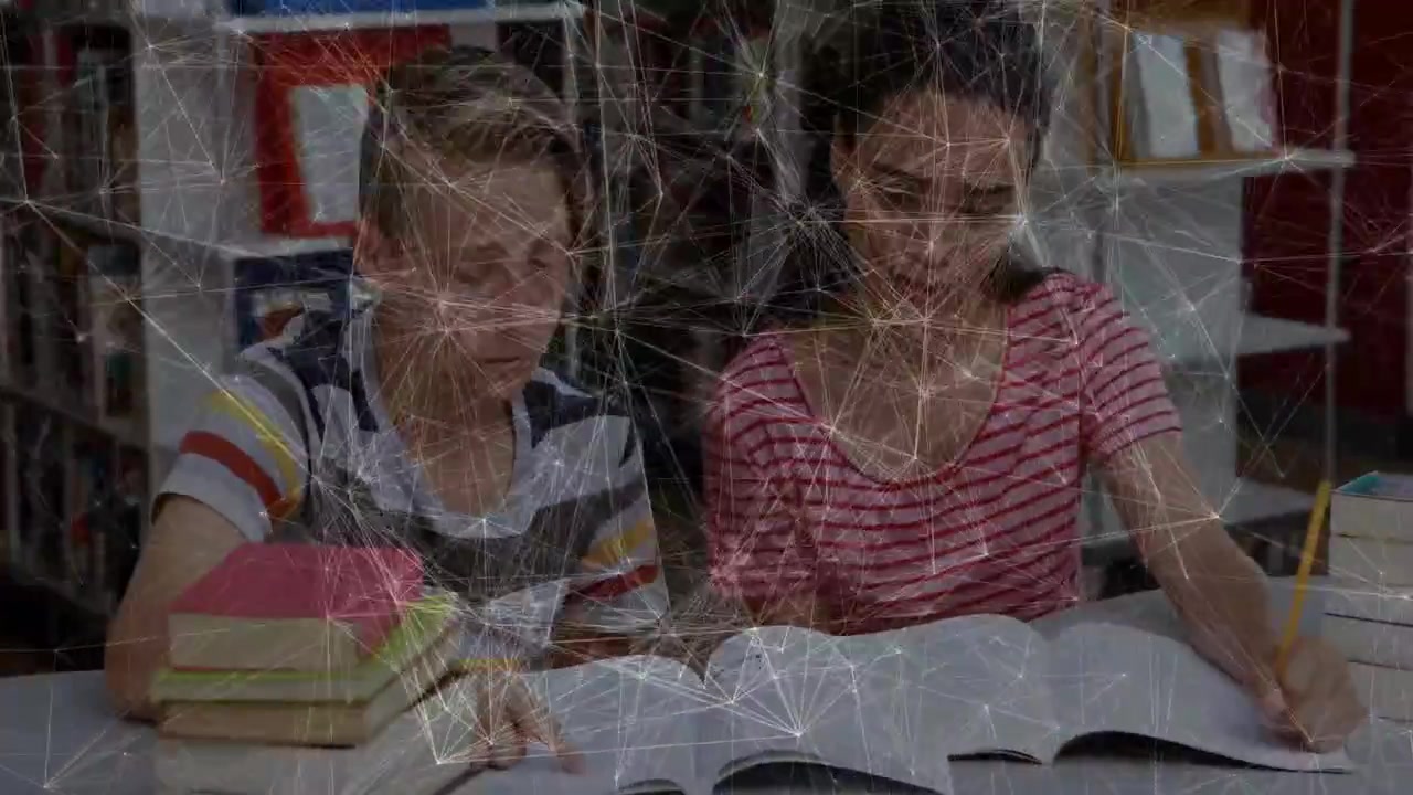 Boy and girl opening textbook, studying in school library, with animated notes clarifying concepts