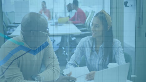 business growth chart animation over diverse colleagues discussing in modern office