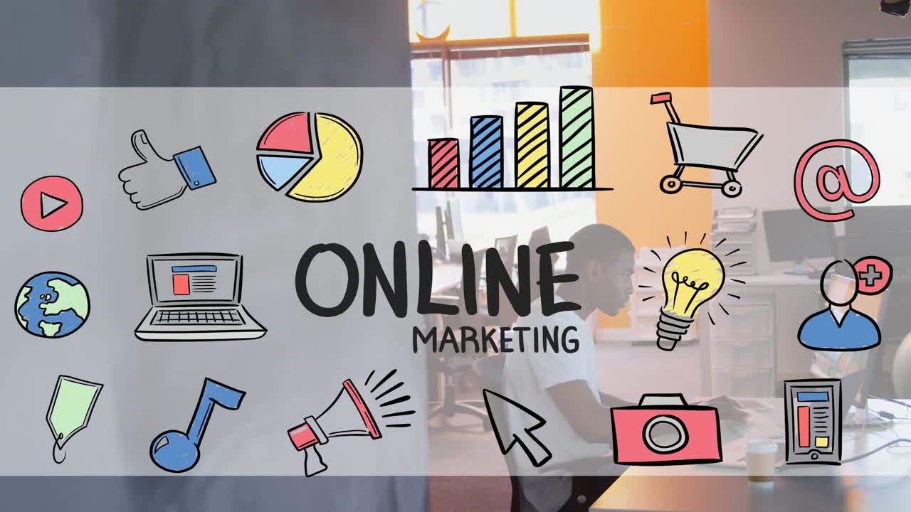 Animation of online marketing over african american man working on laptop in office