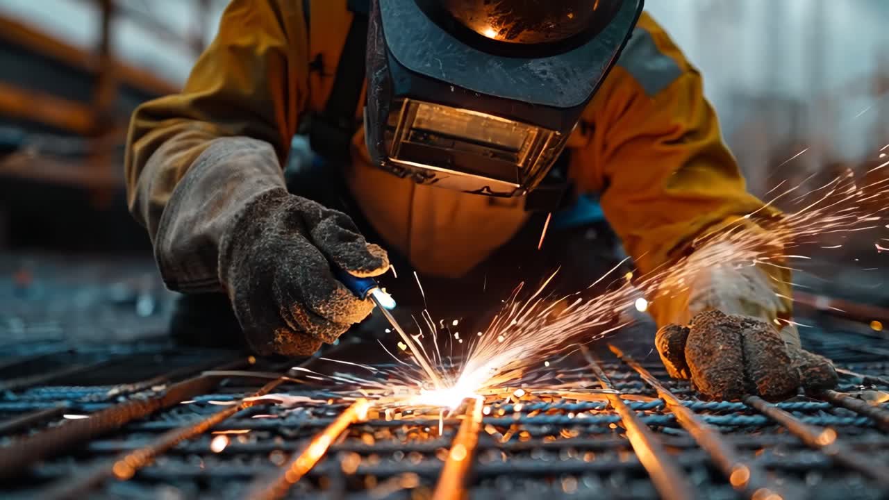 A man in a yellow jacket is working on a metal structure. Concept of hard work and dedication, as the man is focused on his task