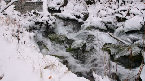 a small creek flows over rocks and ice in a snow covered forest in chugach state park alaska