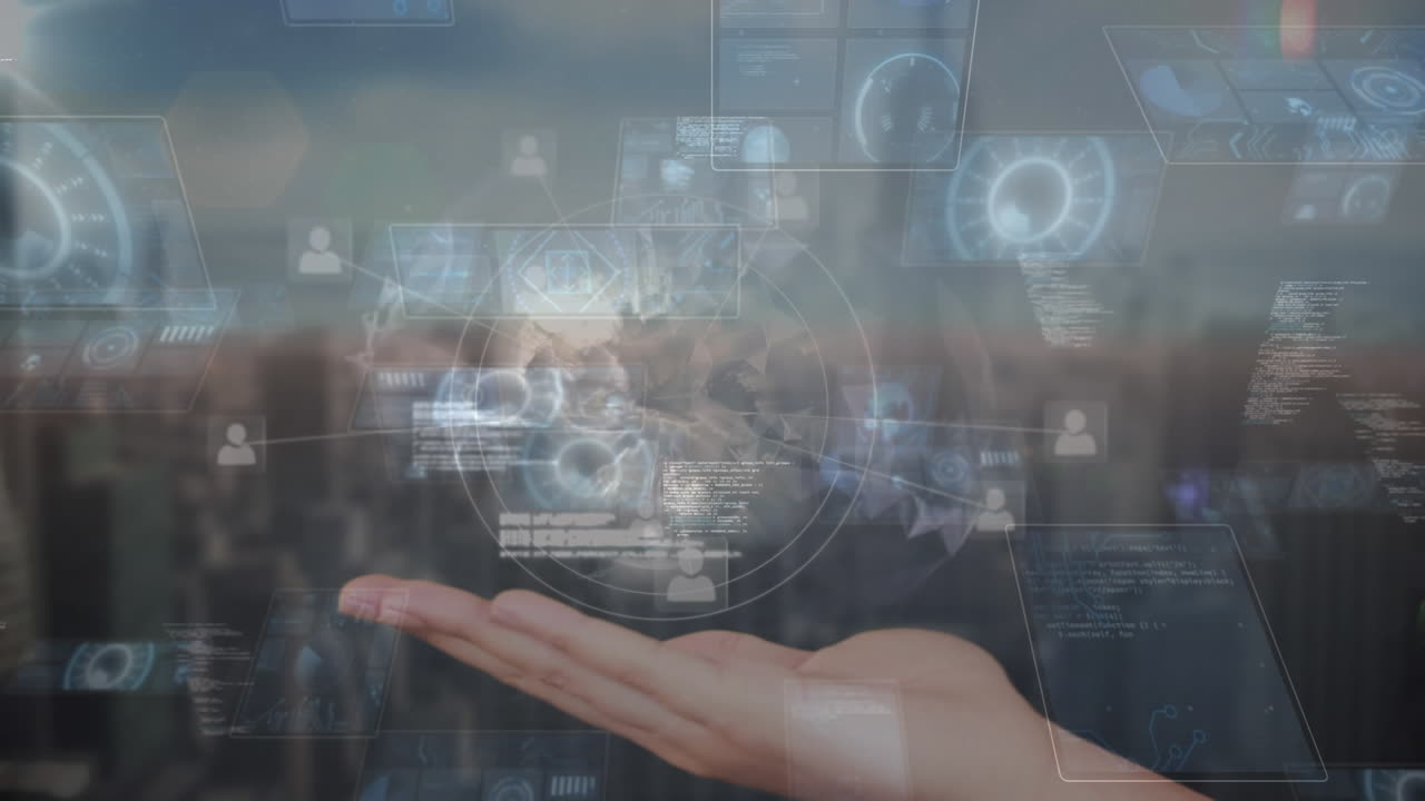 animación del procesamiento de datos y globo en mano sobre el paisaje urbano