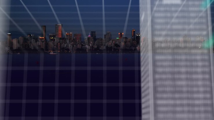 Animação de processamento de dados sobre a paisagem urbana