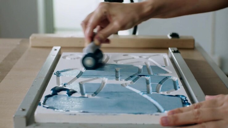 Rolling brayer, hands starting pass on table, spreading blue paint, filling stencil, dark top
