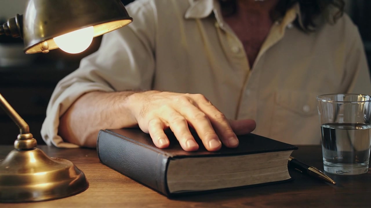 Dopo aver posato il libro nero, un uomo con la camicia beige liscia il palmo della mano sul libro alla scrivania, preparandosi.