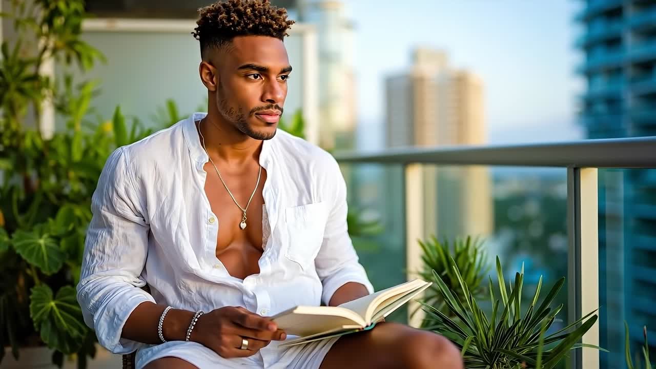 A man sitting on a balcony reading a book