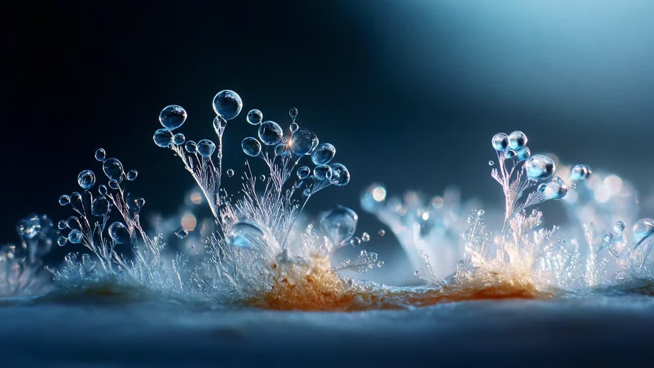 A Close-Up Exploration of Delicate Water Droplets on Fungal Growth Surrounded by Ethereal Light, Showcasing the Beauty and Complexity of Nature's Microcosm in Stunning Detail