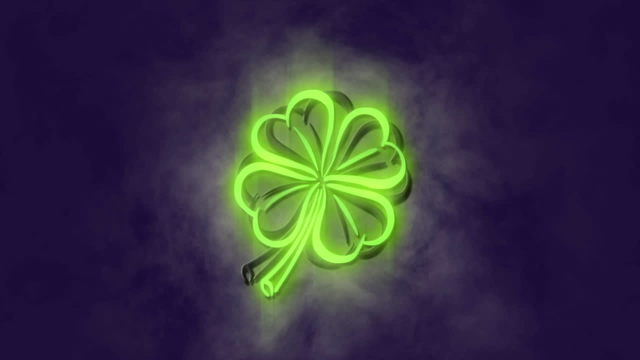 animación del icono de trébol verde neón contra el efecto de humo en fondo gris.