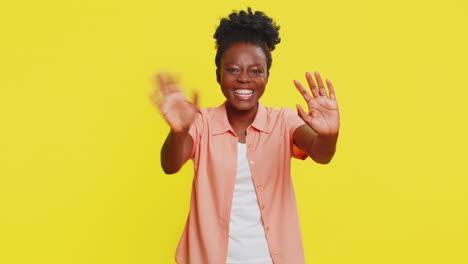 happy woman smiling friendly waving hands gesturing hello greeting or goodbye meeting invitation