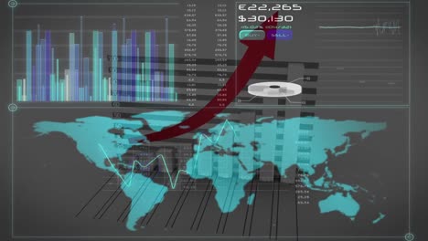 Animation-Der-Datenverarbeitung-Und-Finanzstatistiken-über-Der-Weltkarte