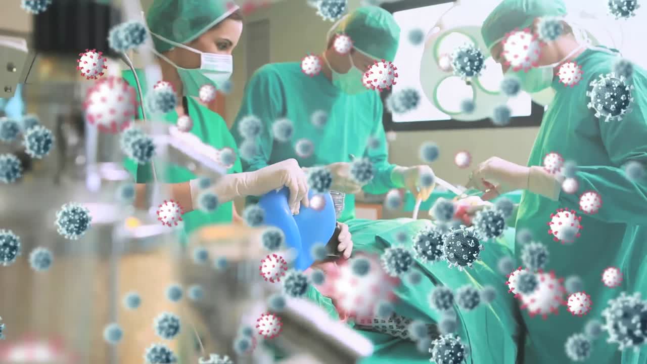 animación de las células del virus covid-19 sobre los cirujanos en el quirófano