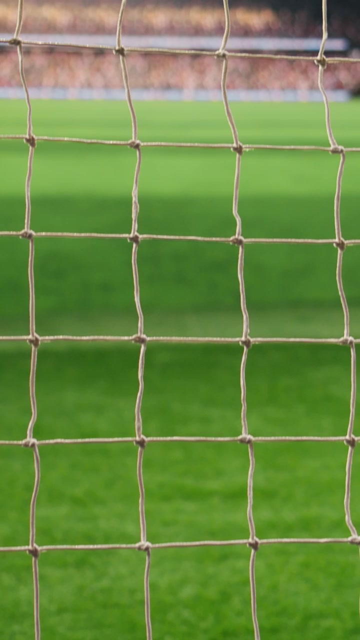 Vertical Video Low angle view of empty goal net and side post on football pitch