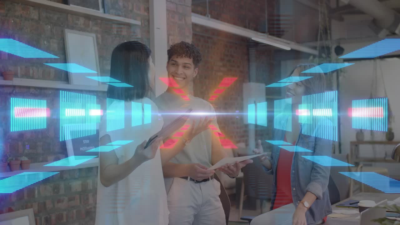 Left woman showing tablet, team reviewing mockups and refining design as red-blue overlay sweeping