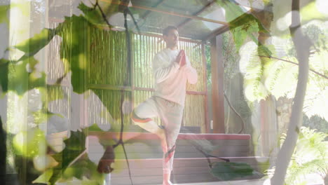 animación de hojas sobre un hombre caucásico practicando yoga y meditando
