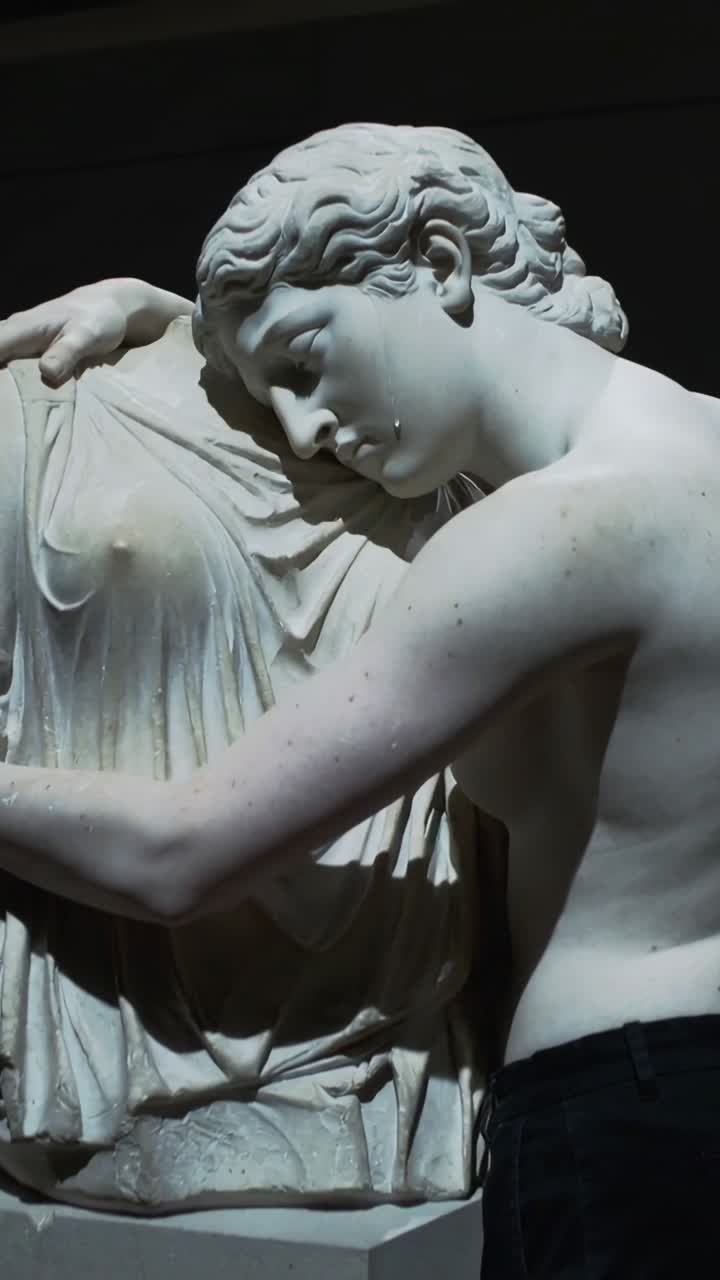 Video verticale: Telecamera che si sposta mostrando una figura di marmo inclinata su un piedistallo in un museo, centrando il volto