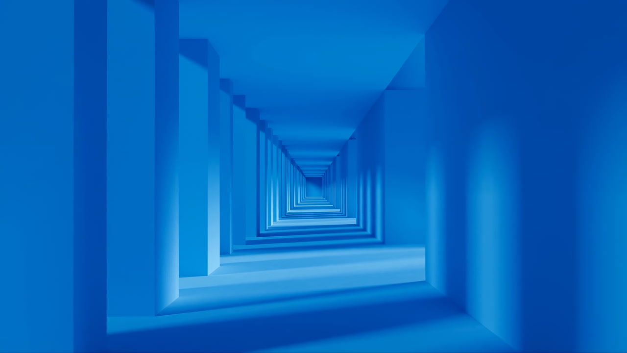 Blue Corridor Tunnel Repeating Columns Perspective Immersive Digital Environment With Soft Gradient Lighting,