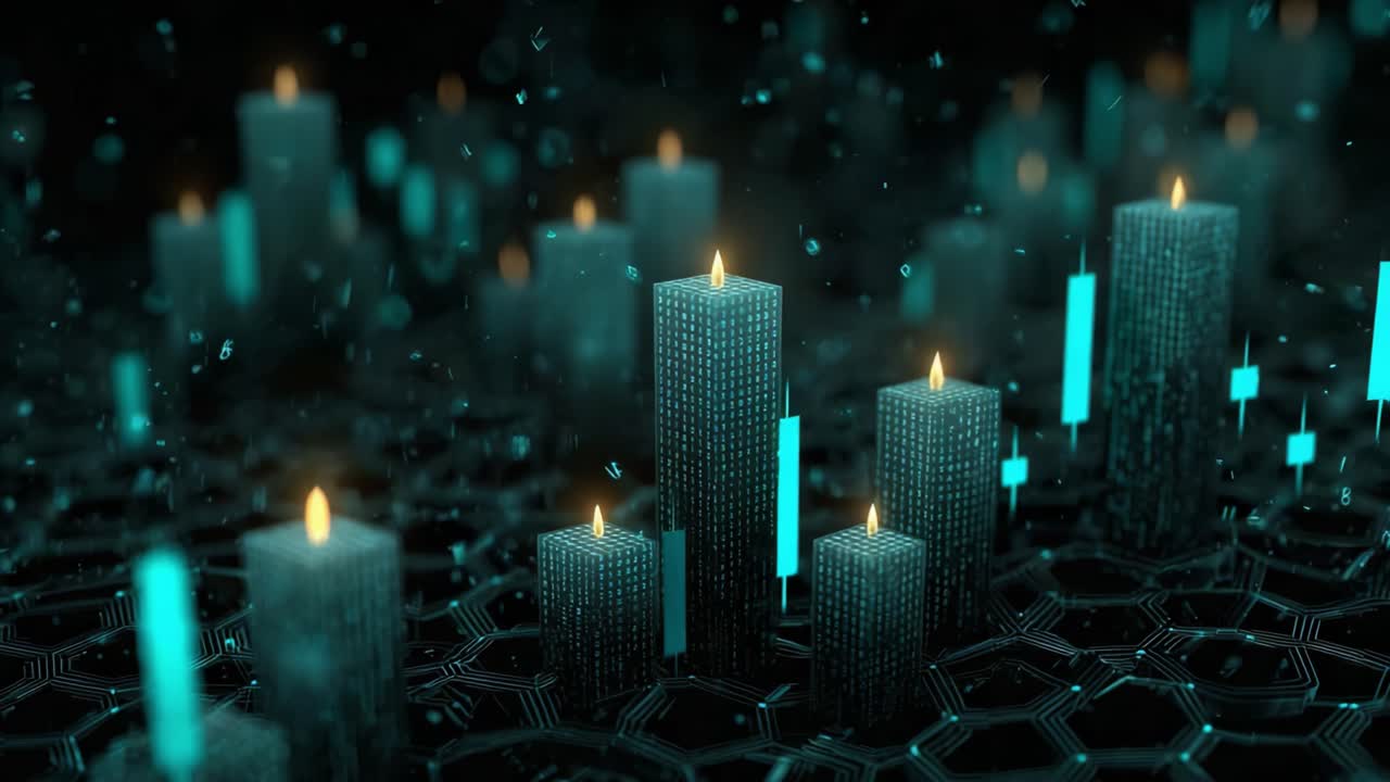 Et fascinerende digitalt landskap med glødende lys omgitt av et sekskantet rutenett, som kombinerer elementer av teknologi og ro i en levende, opplyst scene