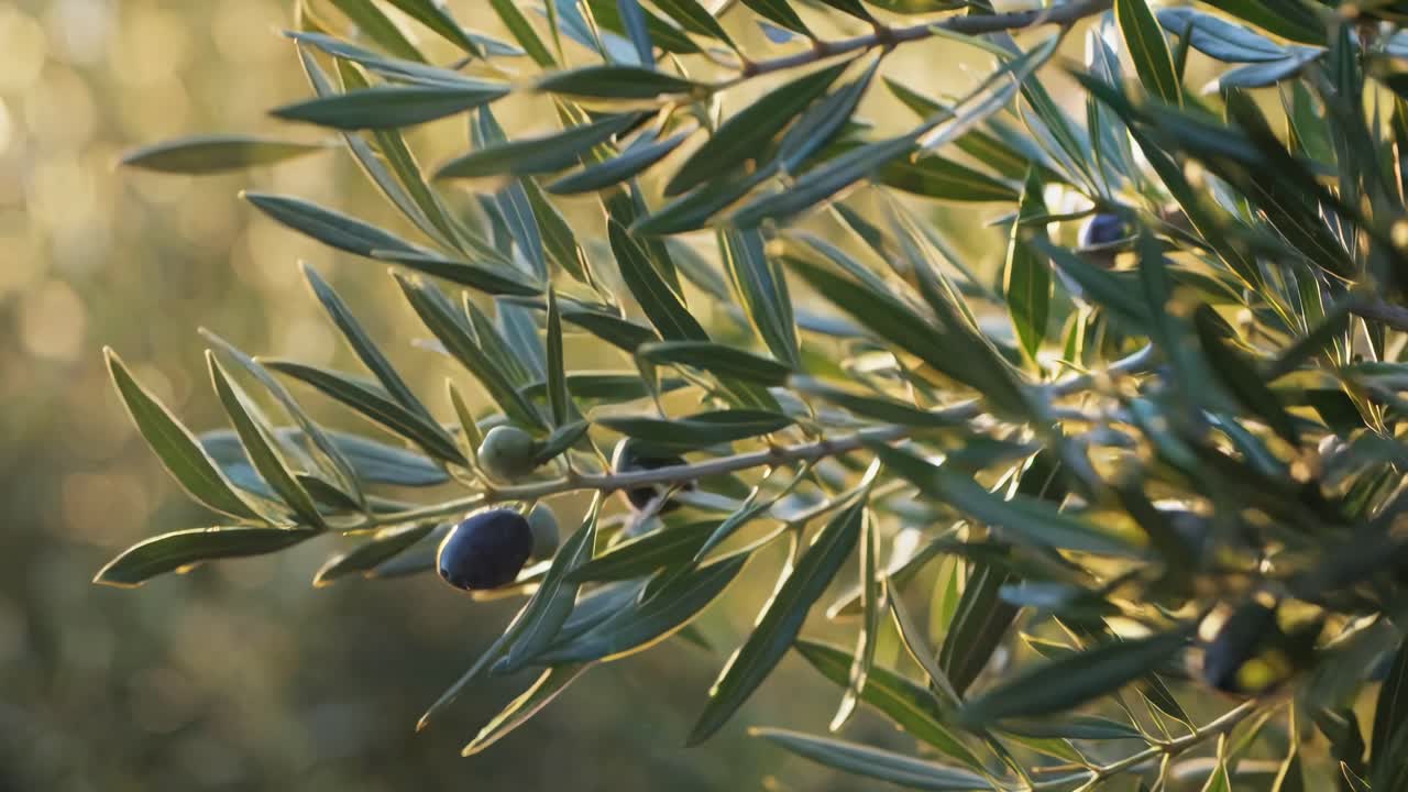 Close-up video of olive branches with sunlight filtering through leaves, captured at an upward
