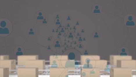 animation of network of connections over boxes on conveyor belts in warehouse