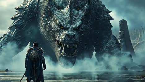 massive creature confronts warrior in a dramatic fantasy landscape