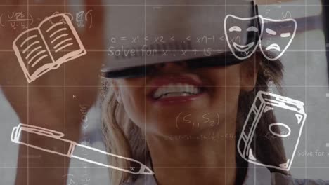 School-concept-icons-and-mathematical-equations-against-african-american-woman-wearing-vr-headset