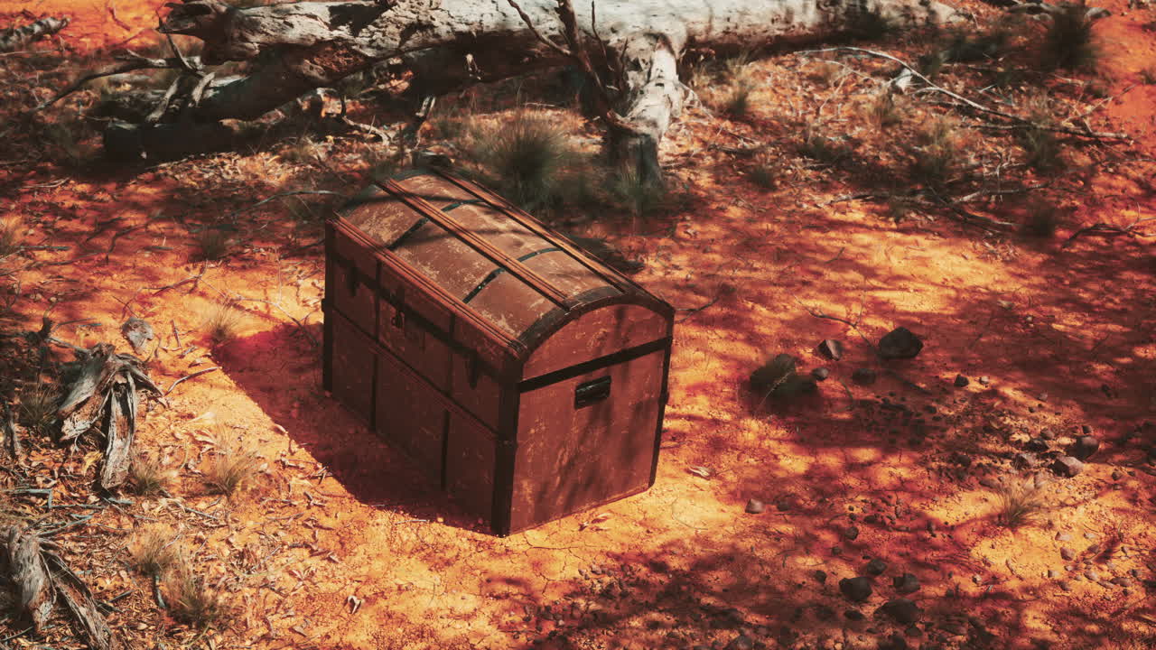 모래 해변 에 있는 폐쇄 된 나무 보물 상자