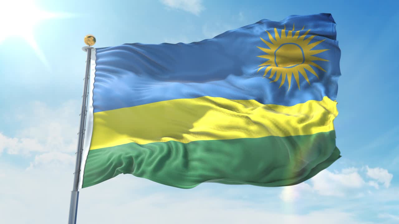 깊은 파란 하늘을 배경으로 바람에 흔들리는 르완다 발, 국가 테마, 국제 개념, 3d 렌더링, 원활한 루프