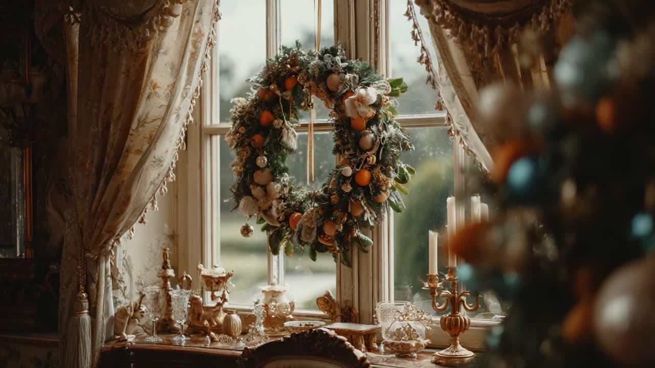 A Beautiful Wreath Decorates a Window with Elegant Drapery, Capturing the Essence of a Cozy and Festive Atmosphere in a Luxurious Interior Setting