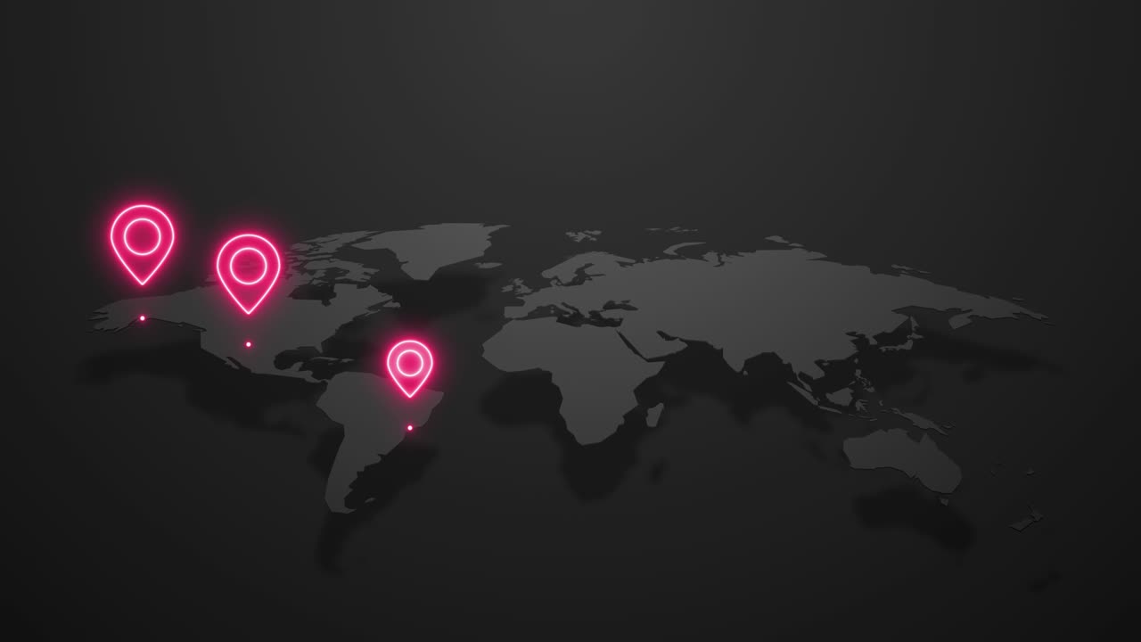 mapa del mundo oscuro con alfileres de neón. el concepto de interconexión social y de comunicación. marcando lugares interesantes en el mundo.