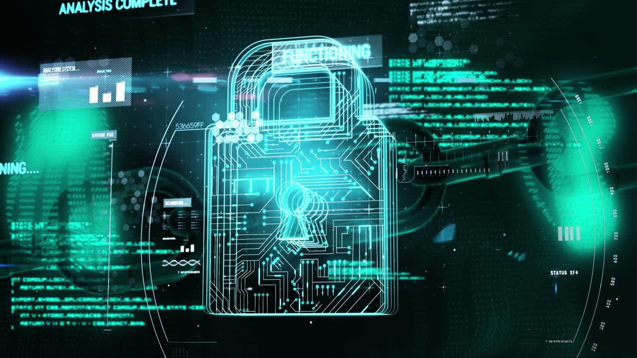 Security padlock icon and data processing against black background