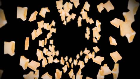 flying many plain bread slices on black background. foodstuff, food and eating concept. 3d animation of wheat bread slice rotating. loop animation.