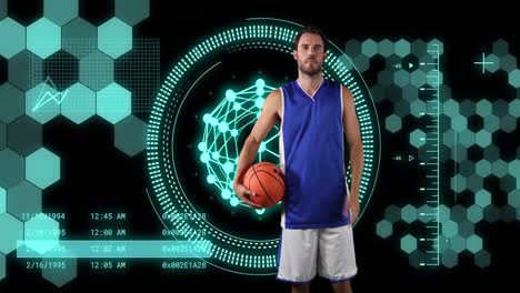 animación de escaneo de alcance y procesamiento de datos con formas sobre hombre caucásico con baloncesto.