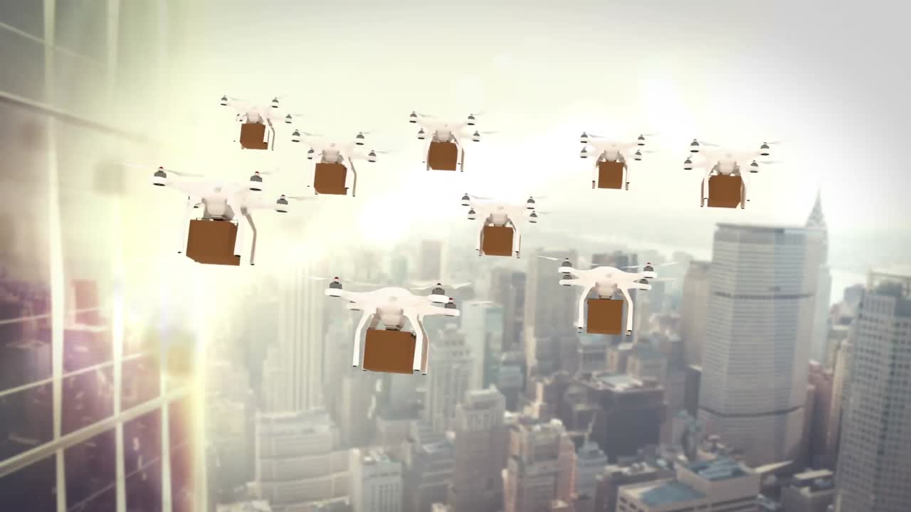 카드보드 상자를 들고 비행하는 드론의 디지털 이미지