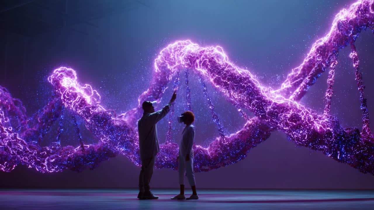 A captivating representation of the connection between science and technology, showcasing two individuals interacting with a vibrant, glowing DNA double helix structure in an artistic digital environment