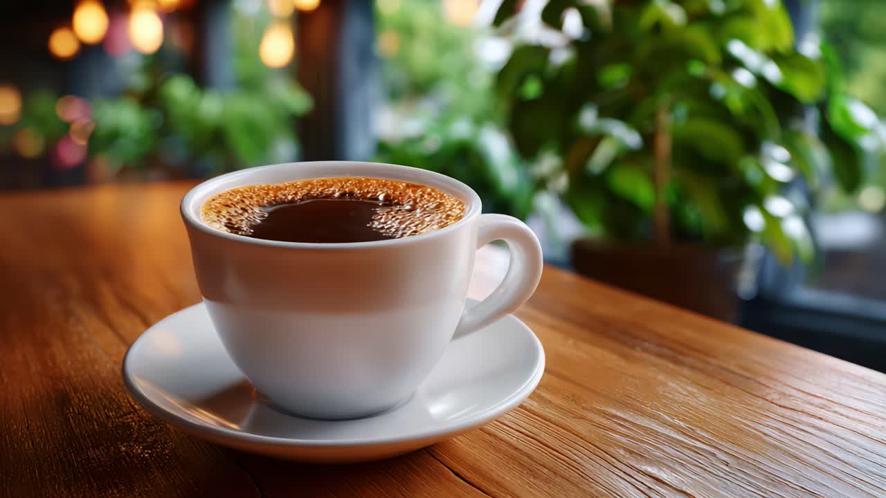 Uma xícara de café perfeitamente preparada sobre uma mesa de madeira, rodeada por vegetação exuberante em um café aconchegante, refletindo calor e tranquilidade